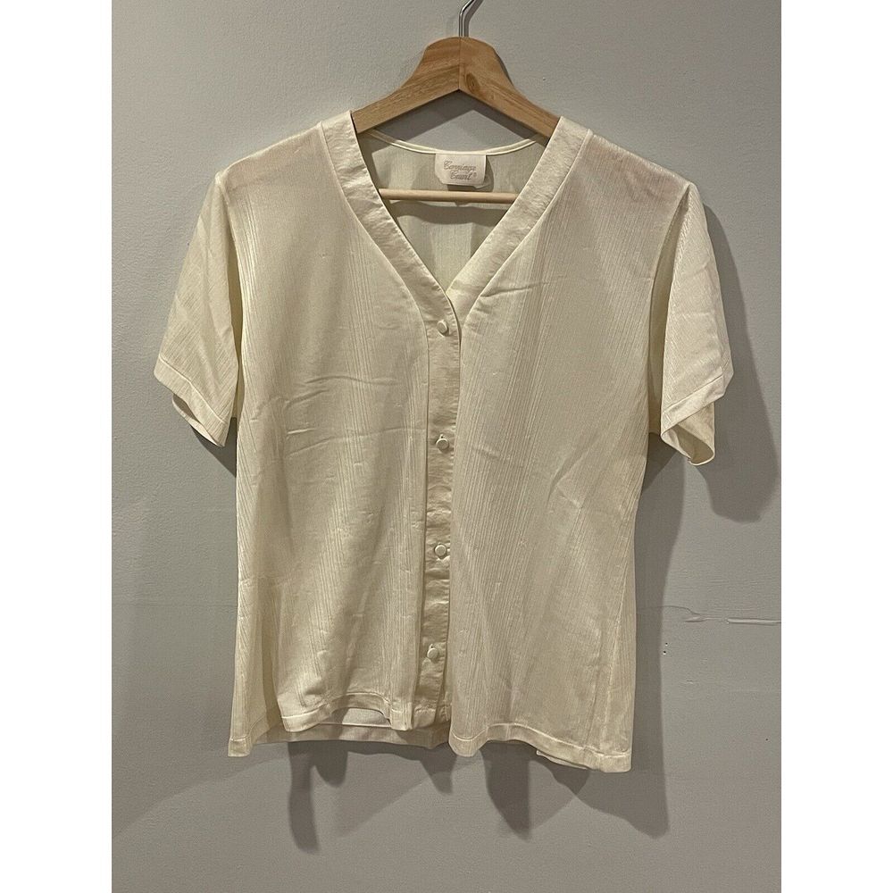 Vintage Sears Carriage Court Pajama Shirt Ivory Nylon Button Up Size XS USA Made